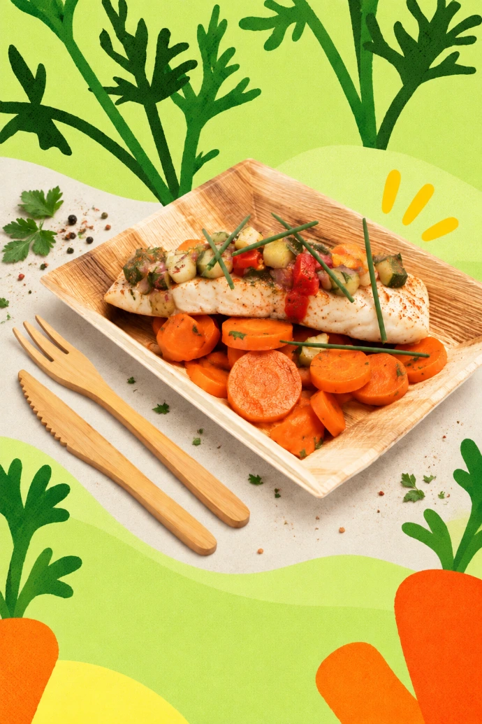 Plateau repas cuisiné avec entrée, plat et dessert